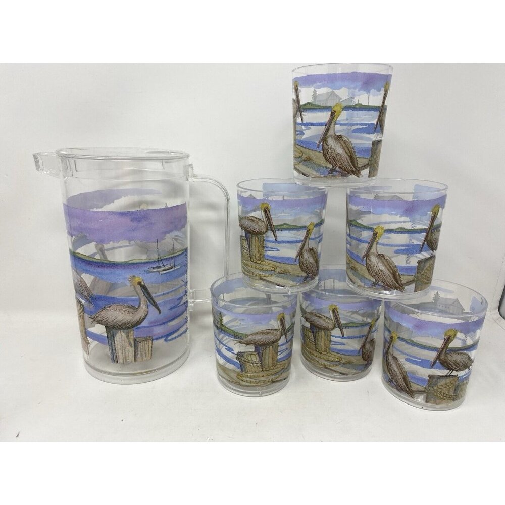 Kathleen Parr McKenna Acrylic Pitcher and 6 Glasses Beach Pelicans Scene 1998